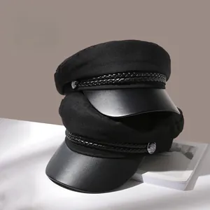 Women Vintage Flat Top Navy Hat Cotton Woolen Newsboy Cap Braided Rope Metal Buttons British Style Fashion Beret Hat
