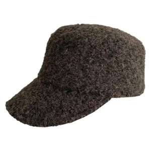 Thick brown wool bouclé bucket hat for women, autumn and winter warm headwear.