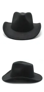 Vistas detalladas de un sombrero de vaquero negro de fieltro de lana con ala curva