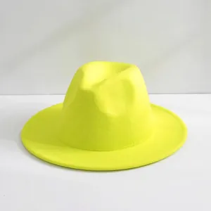 Vibrant neon yellow wool felt fedora hat showcasing a classic flat brim design