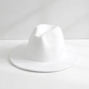Detailed view of a classic white wool fedora hat with a wide flat brim