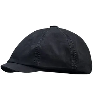 Classic black vintage newsboy flat cap beret for men and women with multi-panel stitching