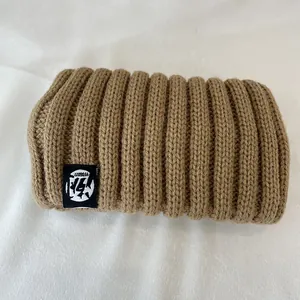 Vintage wide elastic ribbed knit headband in camel brown for winter warmth and style