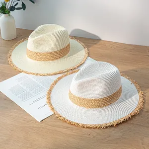 Women Vintage Color Block Straw Hat With Frayed Edge Sun Protection Summer Beach Wide Flat Brim Fedora Jazz Hat