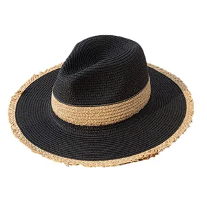 Vintage black and straw color block sun hat with frayed edge and wide brim
