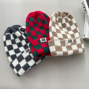 Set of three thickened checkered knit beanies in grey, red, and khaki colors for winter