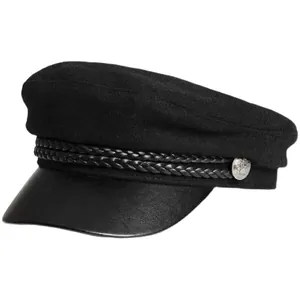 Classic black newsboy hat for women with braided cord and silver button detail