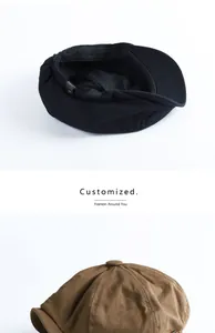 Detail view of black and brown vintage octagonal newsboy hats in minimalist style