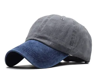 Primer plano de la textura de algodón lavado vintage de esta gorra de béisbol gris y azul