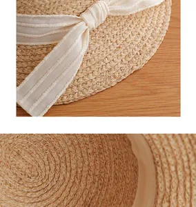 Macro view of woven straw texture and white lace ribbon bow on a retro sun hat detail
