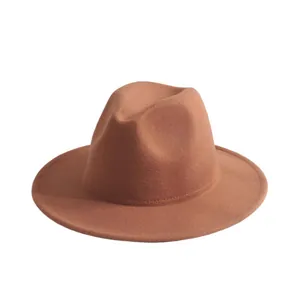 Classic brown wool felt fedora hat with wide brim for men and women
