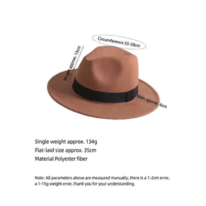 Vista dettagliata del cappello fedora marrone con dimensioni e specifiche del materiale