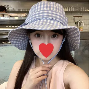 Summer blue gingham wide-brim bucket hat with adjustable chin strap for sun protection