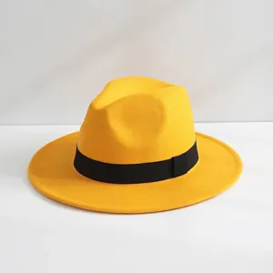 Cappello fedora in lana giallo vibrante con elegante nastro nero e trama in feltro
