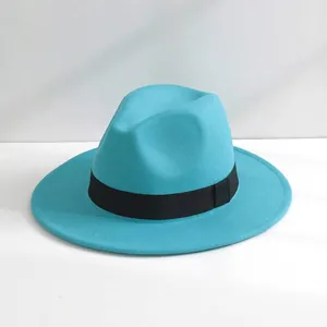 Cappello fedora turchese a tesa larga con nastro nero classico per uomo e donna.