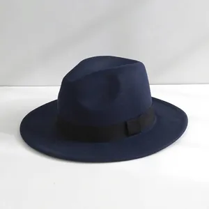 Cappello fedora in feltro di lana blu scuro con tesa larga e nastro nero per l'autunno