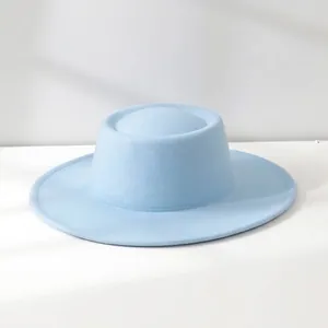 Elegant light blue wool felt flat top jazz hat with wide brim for retro women fashion