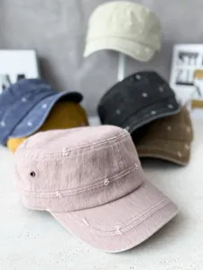Distressed flat top military cadet caps in multiple vintage colors for sun protection