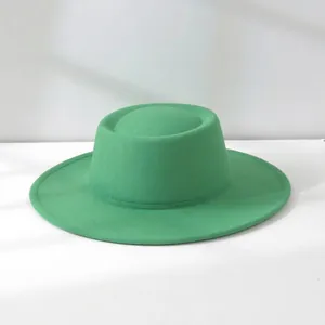Elegant green wool felt flat top fedora hat for women detail view