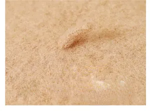 Macro detail showing the fuzzy wool texture and top stem of a camel beige beret hat.