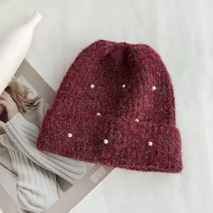 Winter Sweet Warm Knitted Beanie Hat For Women Artificial Pearl Decoration Elastic Large Head Circumference Ear Protection Soft Thermal Skull Cap