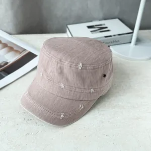 Vintage flat top military cap with distressed details in dusty pink canvas for summer