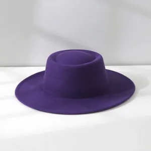 Elegant purple wool felt boater hat with a unique domed top for women