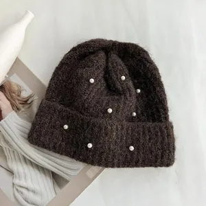 Winter sweet knitted beanie hat with pearl decorations for warm head protection