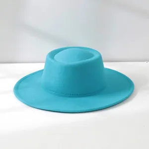 Elegant vintage teal wool felt flat top fedora hat for women in autumn and winter seasons