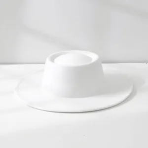 Elegant white wool felt flat top jazz hat with wide brim minimalist french style for autumn
