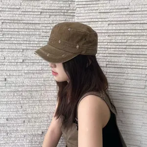 Vintage brown flat top military cadet cap with distressed design for sun protection