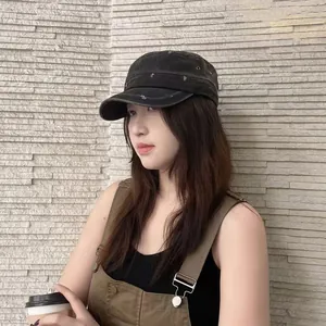 Vintage distressed flat top military cap with breathable fabric for sun protection