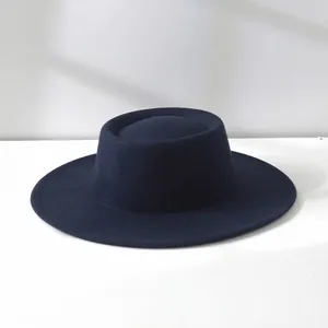 Elegant vintage French style navy wool felt flat top boater hat for women autumn winter