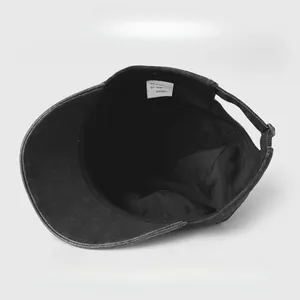 Premium black distressed cotton flat top military cap with interior size label details