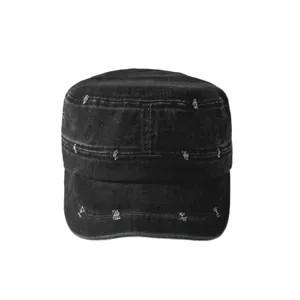 Distressed black flat top military cap with frayed details for summer sun protection