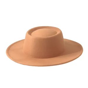 Elegant camel wool felt boater hat for women, vintage French flat top style for autumn