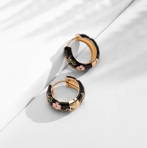 Vintage gold hoop earrings with colorful floral enamel oil drip patterns for women