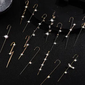 Trendy Gold Plated Rhinestone Ear Crawler Single Ear Wrap Personalized Geometric Lightning Earring For Women Fashion Jewelry