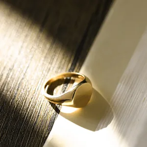 Macro detail of a minimalist gold alloy signet ring featuring a smooth circular top surface.