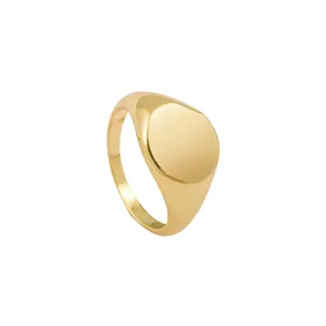Detailed view of polished gold-finished round signet ring with minimalist design