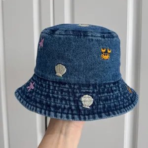 Kids Denim Bucket Hat Embroidered Sea Life Shell Starfish Crab Sun Protection Fisherman Cap Boys Girls Sun Hat
