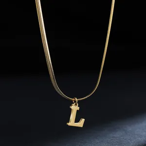 Detailed view of 18K gold plated stainless steel necklace featuring a bold letter L pendant