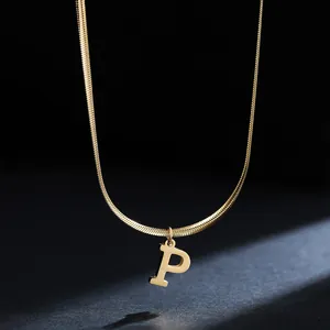 Close-up of a gold-plated stainless steel necklace with a capital letter P pendant.