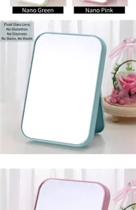 Detail view of portable folding makeup mirror with high-definition float glass in mint green
