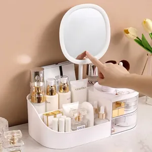 Schreibtisch Make-up Organizer Schubladentyp Kosmetik Aufbewahrungsbox Mit LED Spiegel Hautpflege Rack Für Frisiertisch Zuhause Organizer