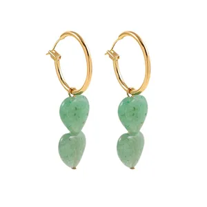 French vintage stainless steel gold hoop earrings with double green turquoise heart pendants
