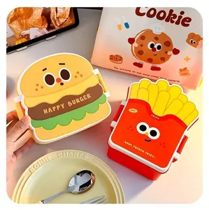 Nahaufnahme der niedlichen Cartoon Hamburger und Pommes Bento Lunchboxen für Kinder