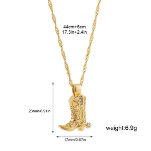 Macro detail of 18K gold plated cowboy boot pendant necklace with specific dimensions