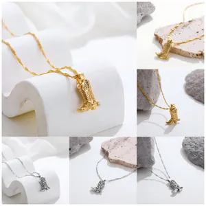 18K Gold Plated Stainless Steel Cowboy Boot Pendant Necklace Western Boots Punk Individual Zirconia Jewelry For Men Women Gift