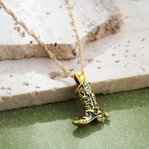 Exquisite 18K gold plated stainless steel cowboy boot pendant necklace with rhinestones.